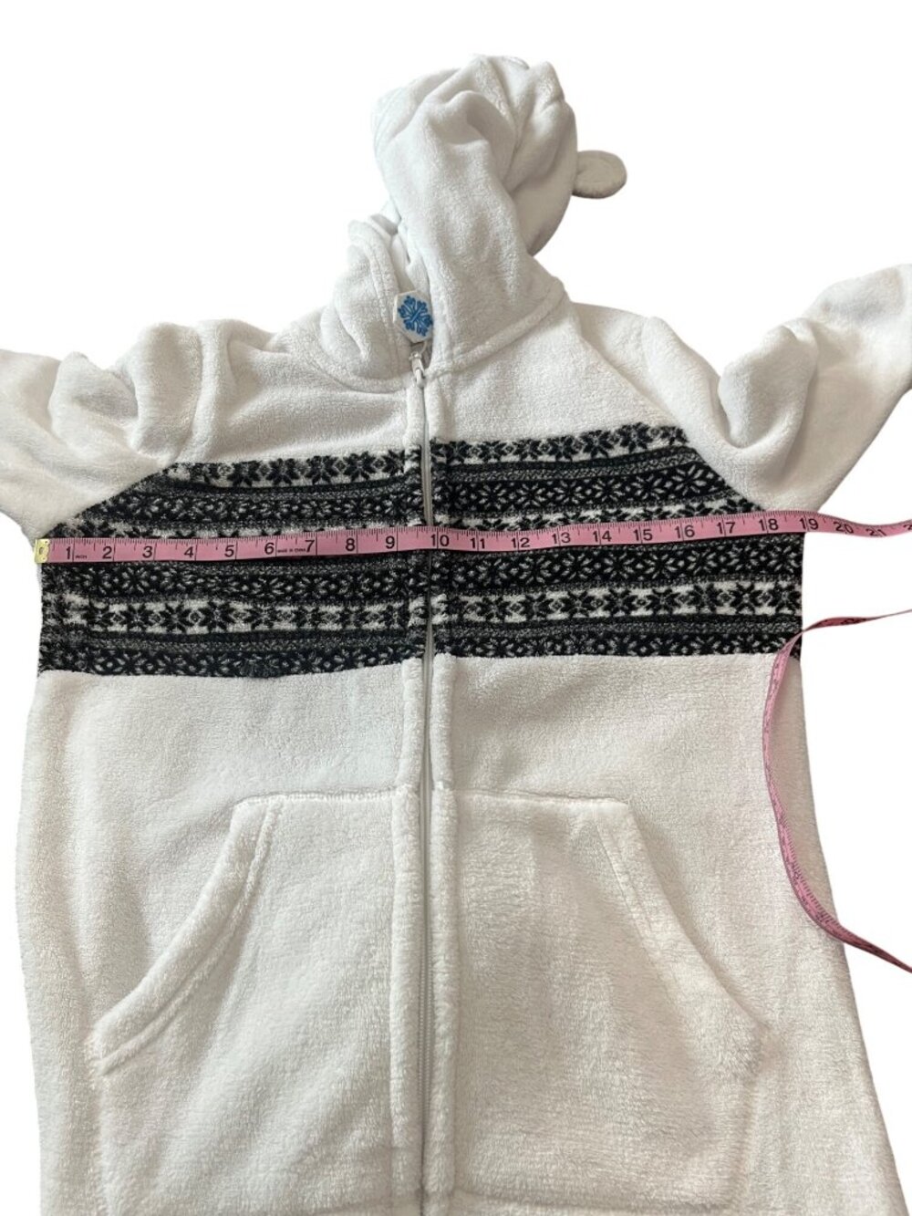 White/Black Polar Bear Fair Isle Fleece Hooded Pom Tail One Piece Pajama Women M - Picture 6 of 8